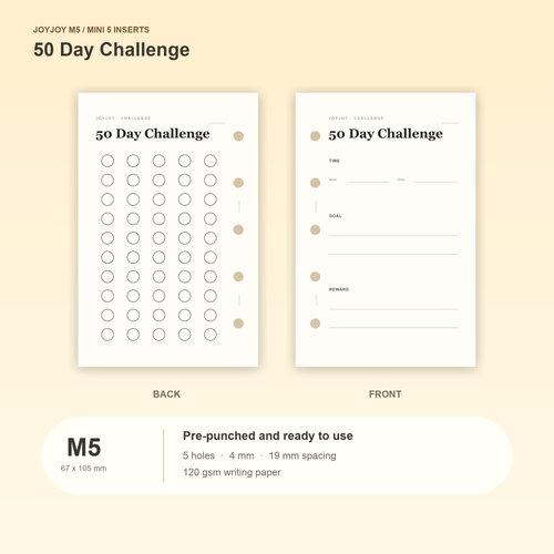 50 Day Challenge M5 Mini 5 planner inserts with size, hole spacing and paper information