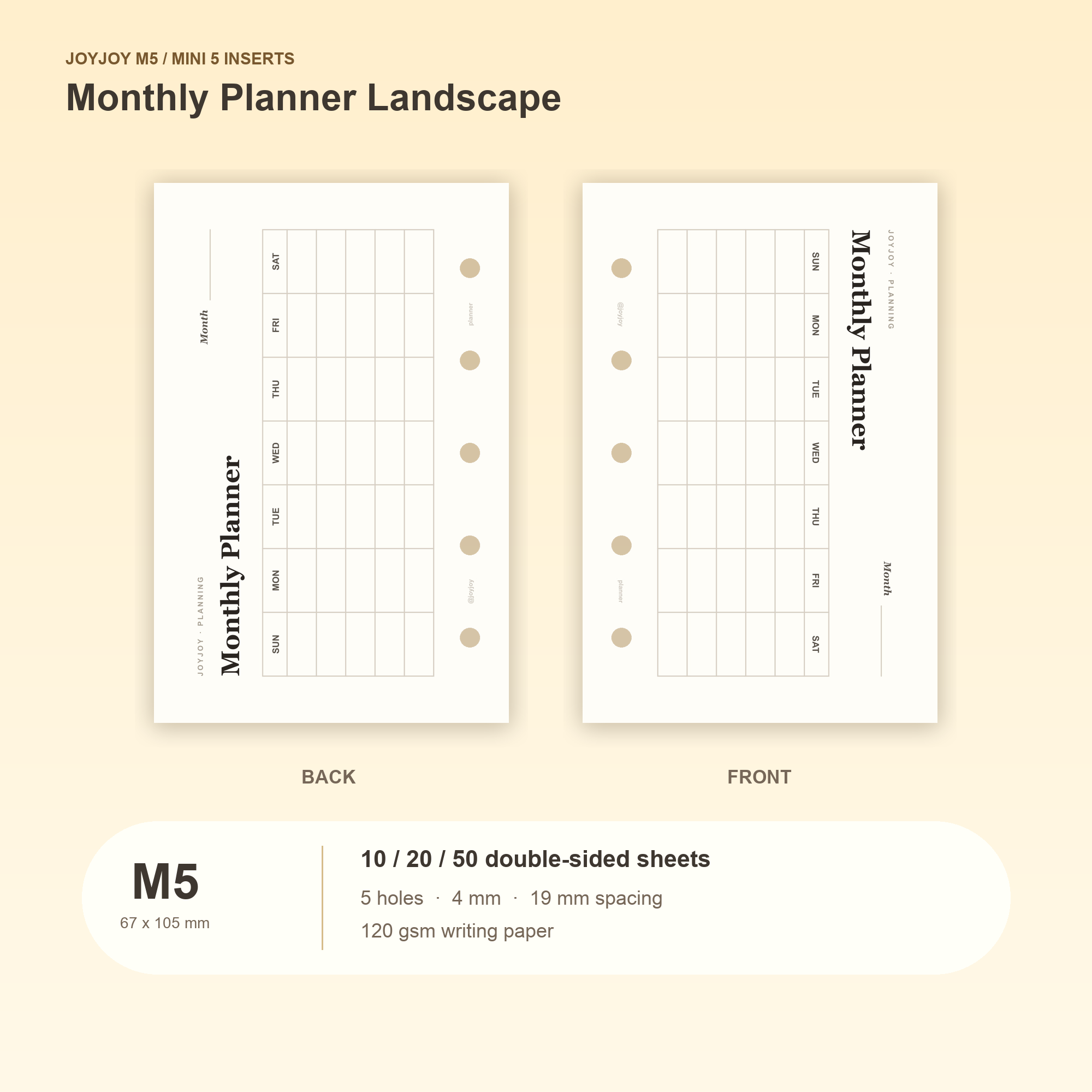 Monthly Planner Landscape M5 Mini 5 planner inserts, front and back, with size and pack information