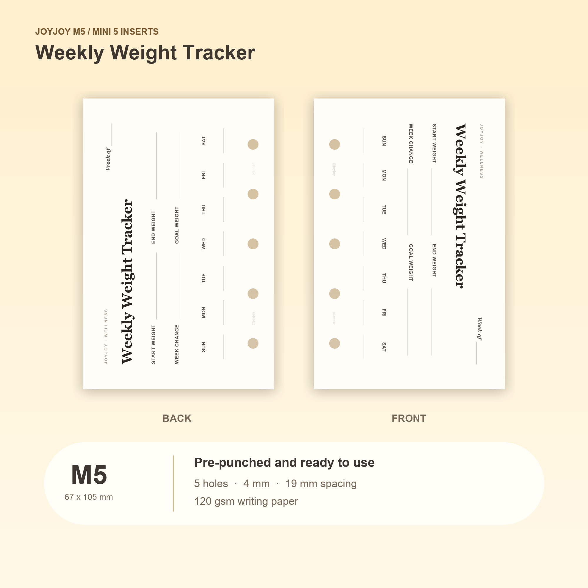 Weekly Weight Tracker M5 Mini 5 planner inserts with size, hole spacing and paper information