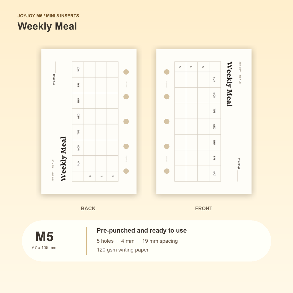 Weekly Meal M5 Mini 5 planner inserts with size, hole spacing and paper information