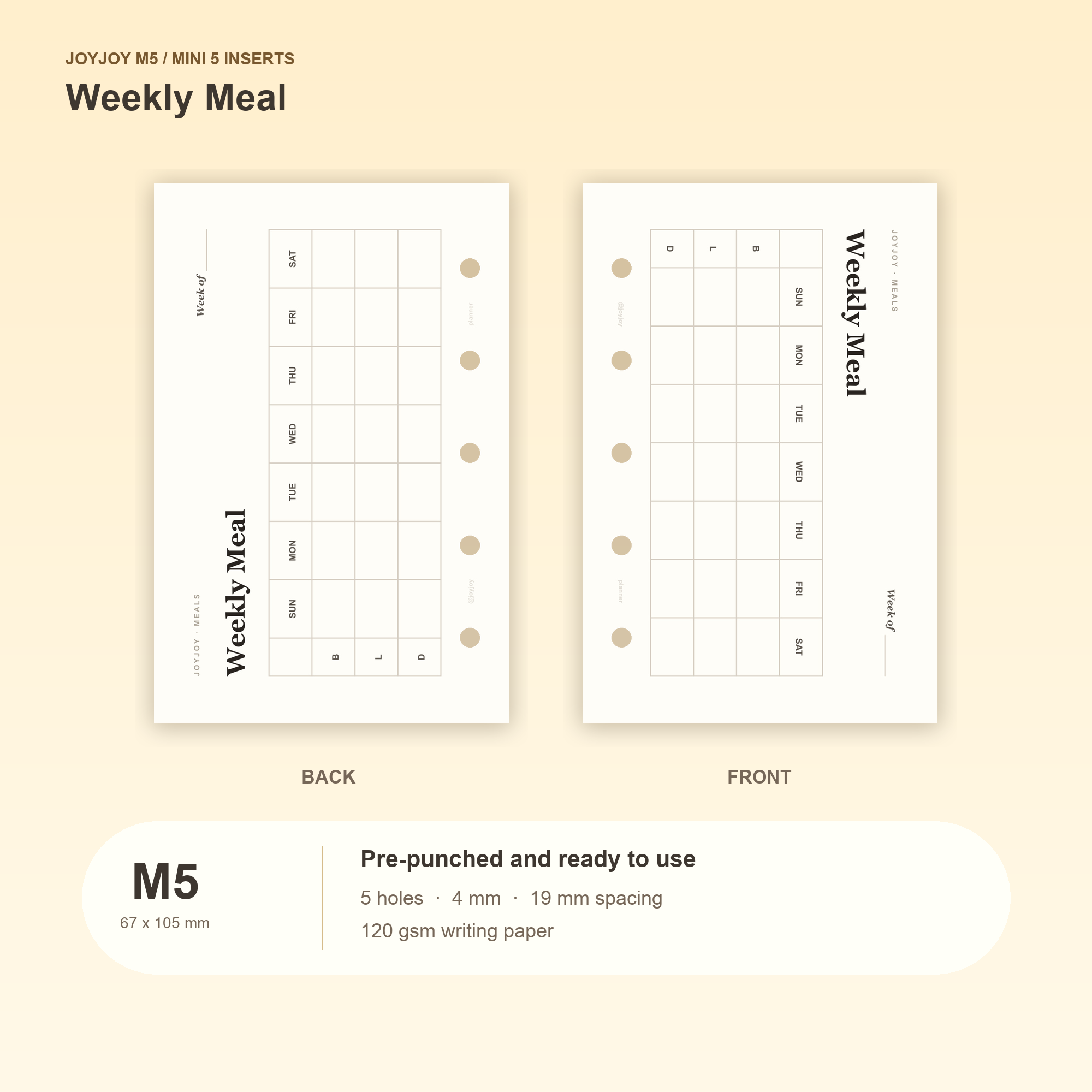 Weekly Meal M5 Mini 5 planner inserts with size, hole spacing and paper information