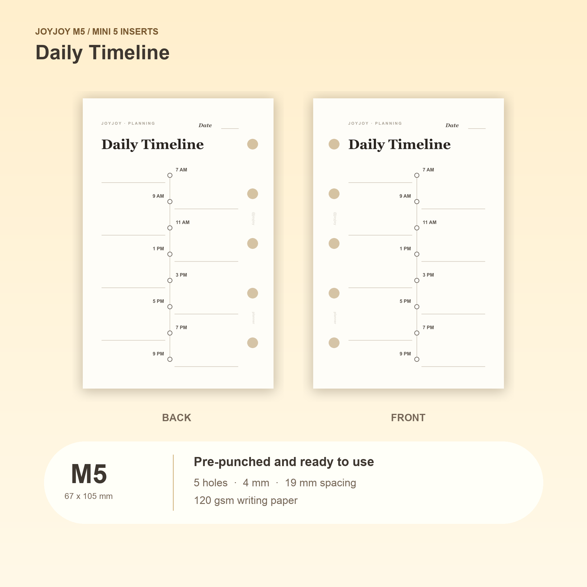 Daily Timeline M5 Mini 5 planner inserts with size, hole spacing and paper information