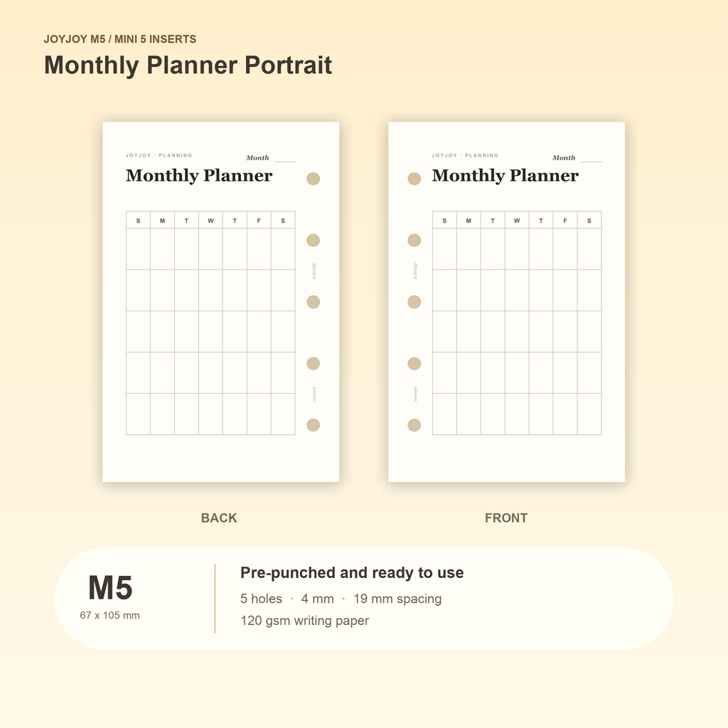 Monthly Planner Portrait M5 Mini 5 planner inserts with size, hole spacing and paper information