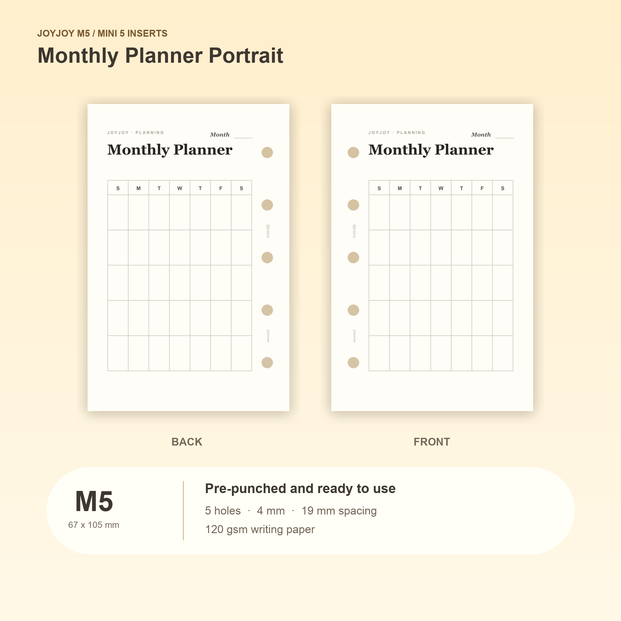 Monthly Planner Portrait M5 Mini 5 planner inserts with size, hole spacing and paper information