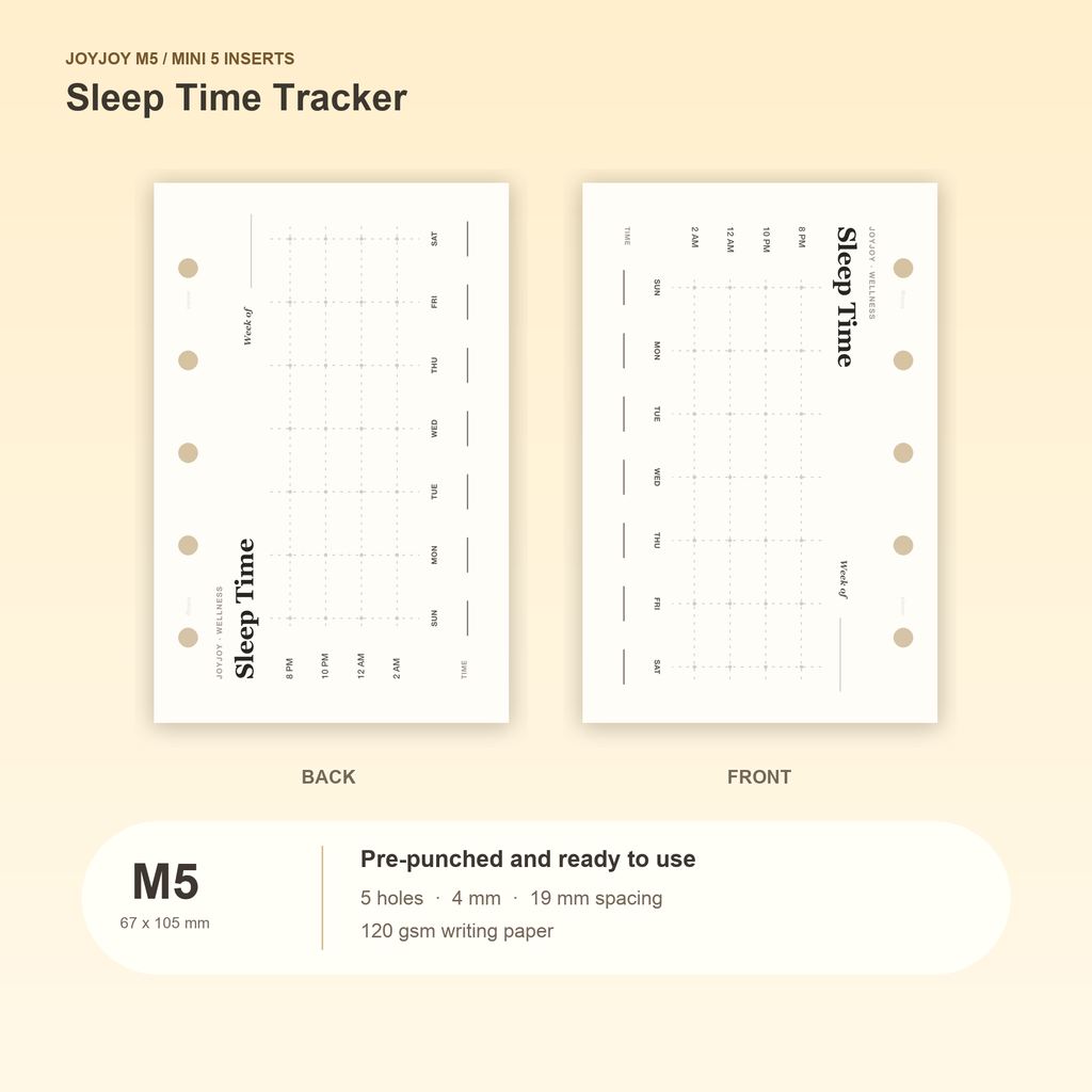 Sleep Time Tracker M5 Mini 5 planner inserts with size, hole spacing and paper information