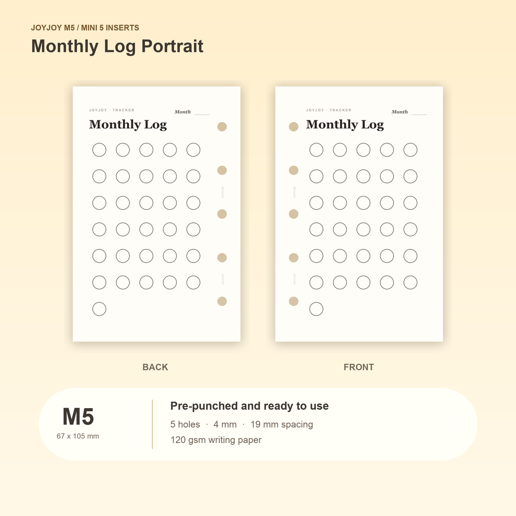 Monthly Log Portrait M5 Mini 5 planner inserts with size, hole spacing and paper information