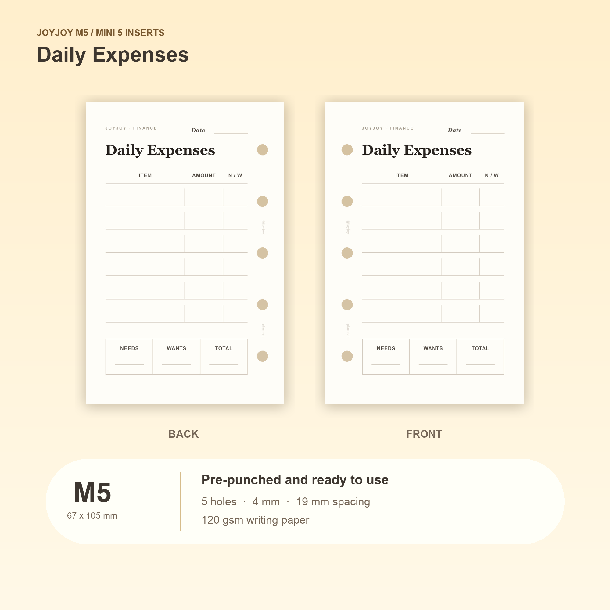 Daily Expenses M5 Mini 5 planner inserts with size, hole spacing and paper information