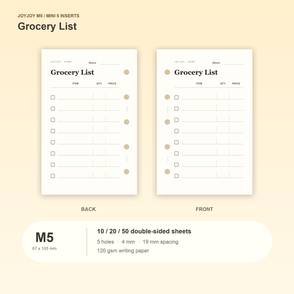 Grocery List M5 Mini 5 planner inserts, front and back, with size and pack information
