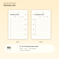 Grocery List M5 Mini 5 planner inserts, front and back, with size and pack information