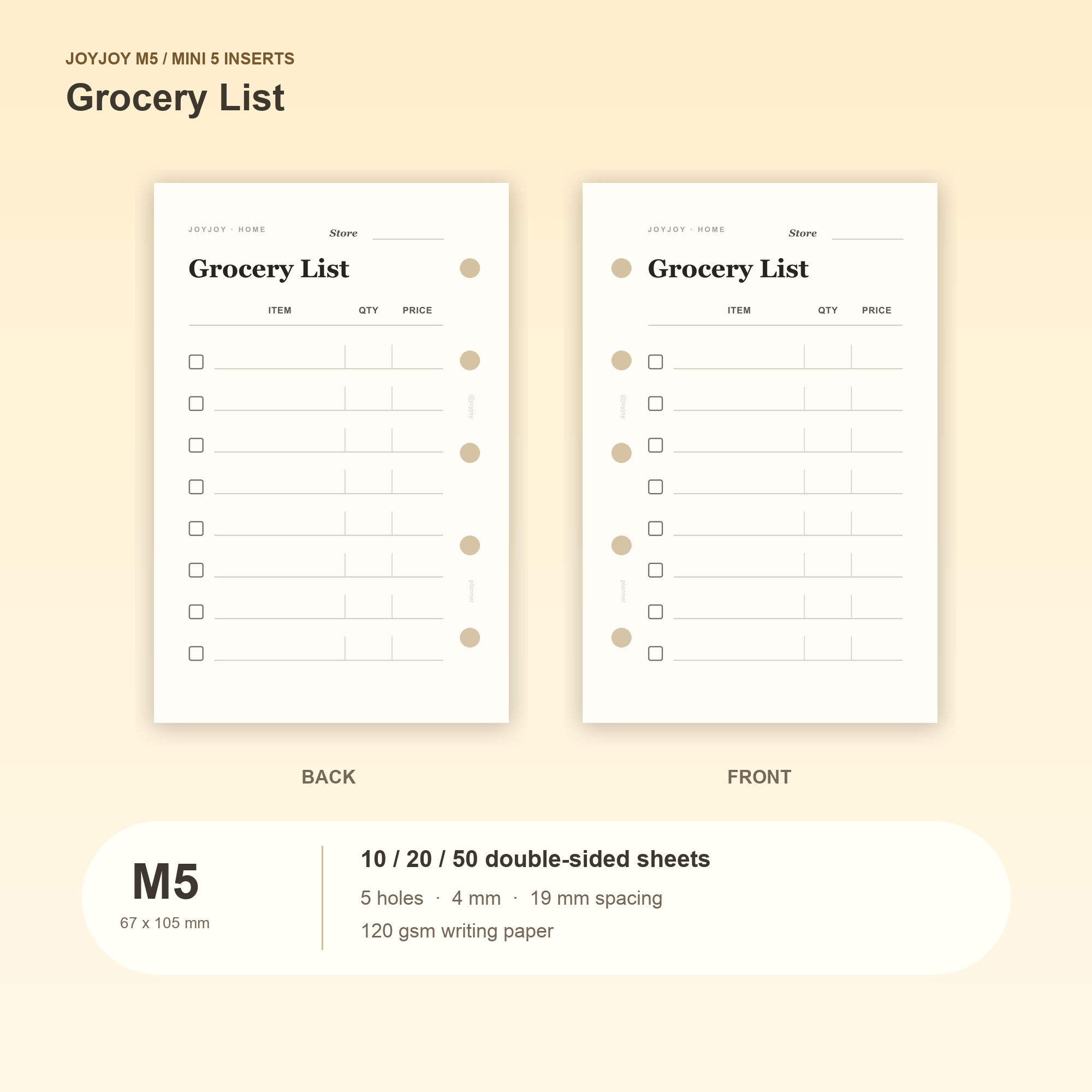 Grocery List M5 Mini 5 planner inserts, front and back, with size and pack information