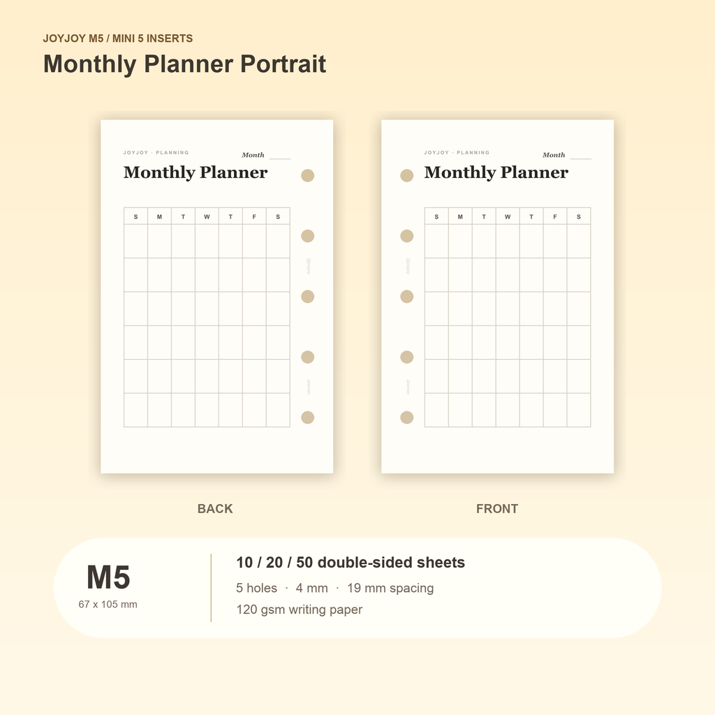 Monthly Planner Portrait M5 Mini 5 planner inserts, front and back, with size and pack information