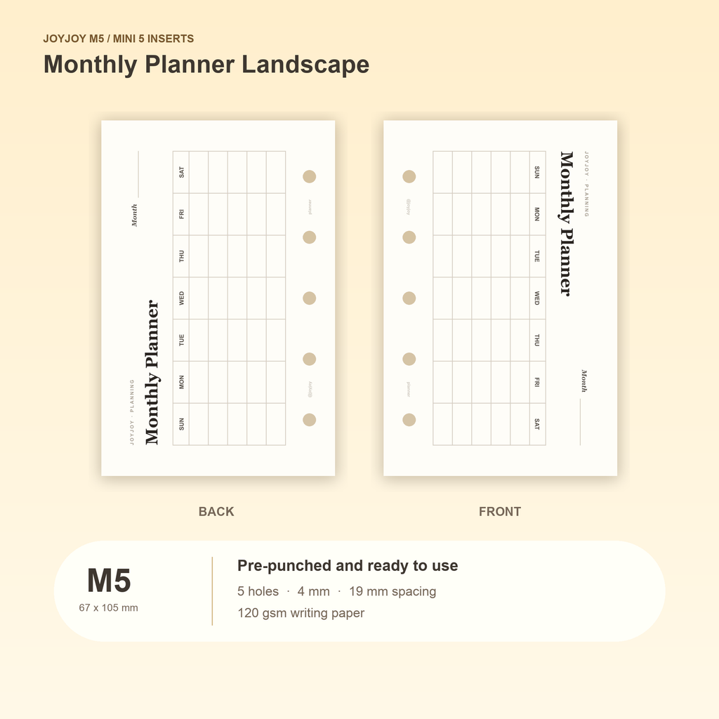 Monthly Planner Landscape M5 Mini 5 planner inserts with size, hole spacing and paper information