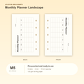 Monthly Planner Landscape M5 Mini 5 planner inserts with size, hole spacing and paper information