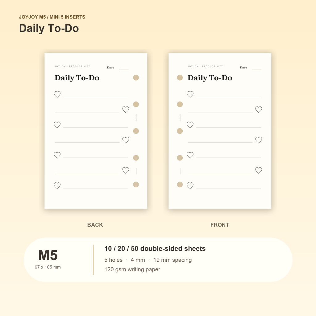Daily To-Do M5 Mini 5 planner inserts, front and back, with size and pack information