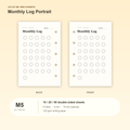 Monthly Log Portrait M5 Mini 5 planner inserts, front and back, with size and pack information
