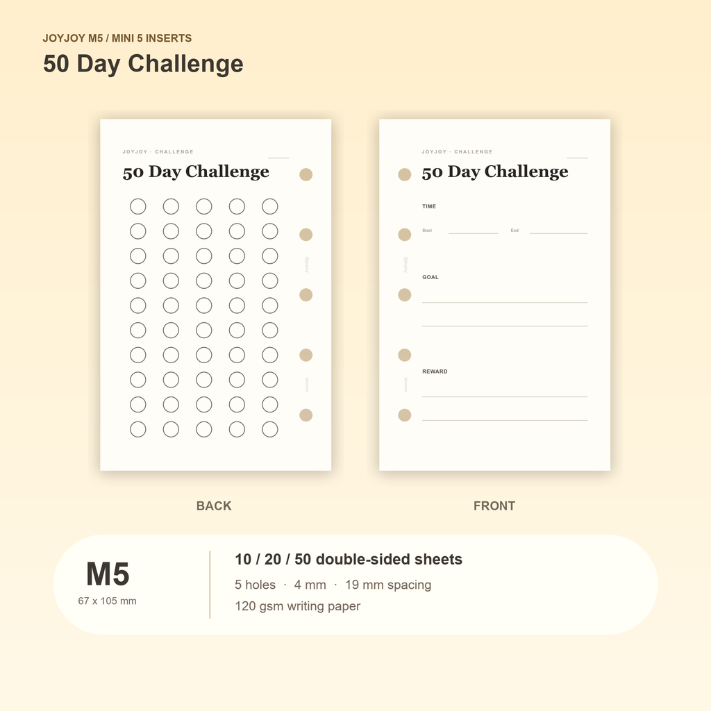 50 Day Challenge M5 Mini 5 planner inserts, front and back, with size and pack information
