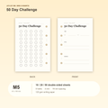 50 Day Challenge M5 Mini 5 planner inserts, front and back, with size and pack information