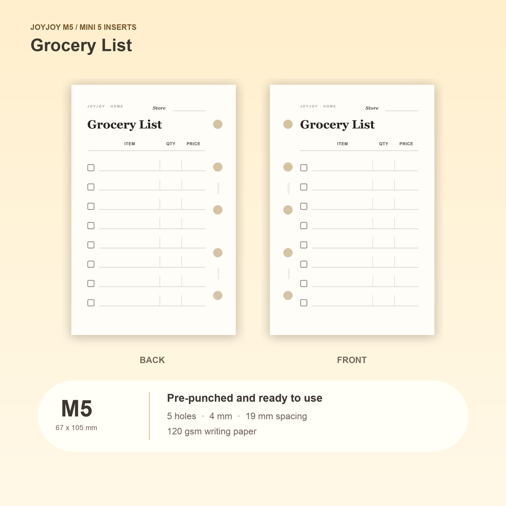 Grocery List M5 Mini 5 planner inserts with size, hole spacing and paper information