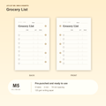 Grocery List M5 Mini 5 planner inserts with size, hole spacing and paper information