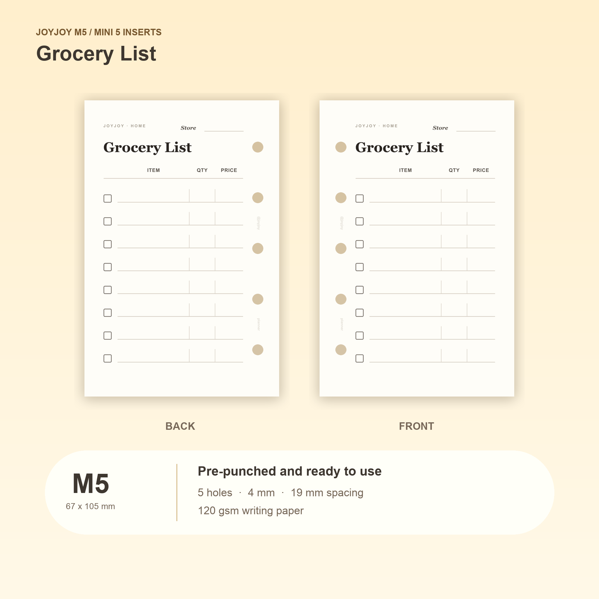 Grocery List M5 Mini 5 planner inserts with size, hole spacing and paper information