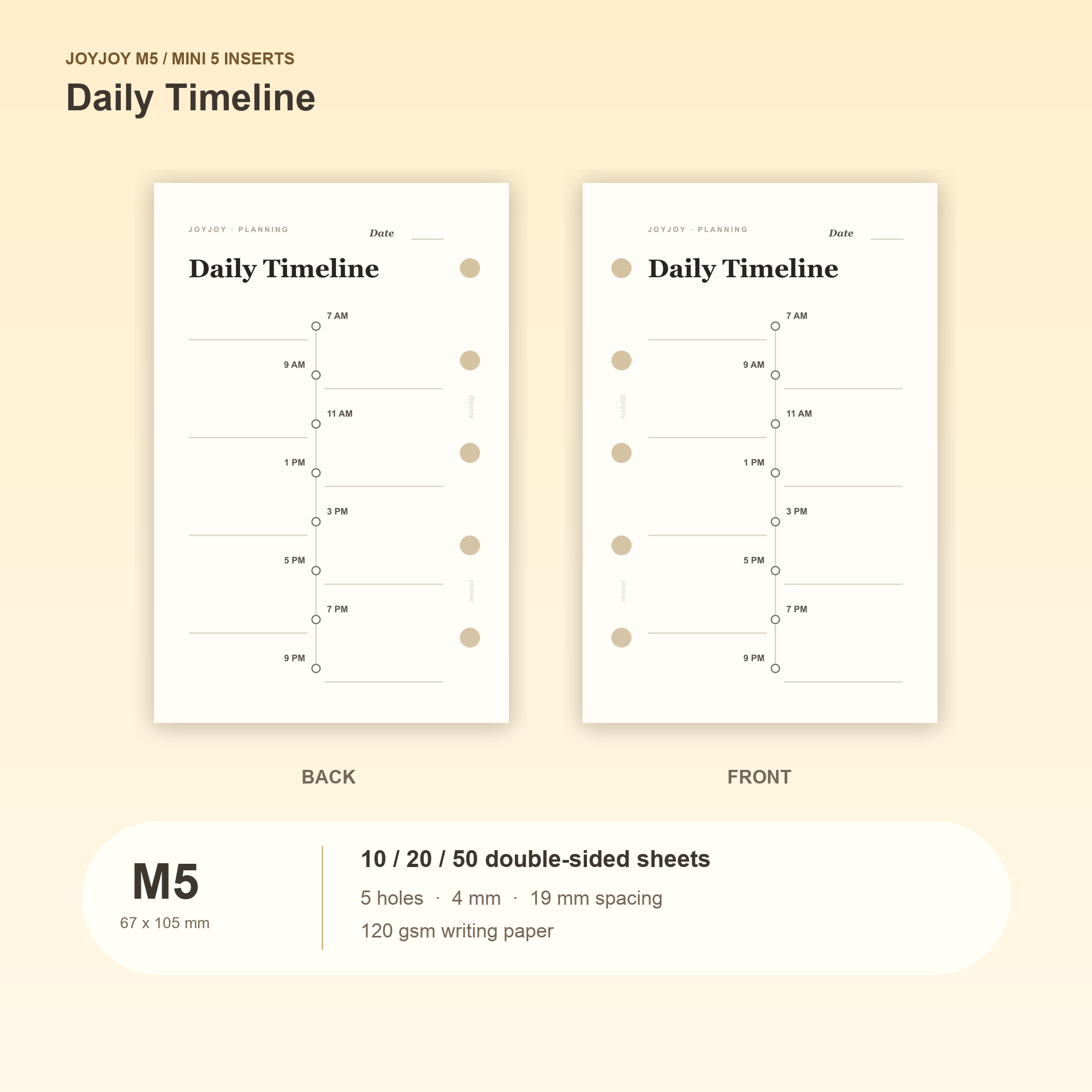 Daily Timeline M5 Mini 5 planner inserts, front and back, with size and pack information