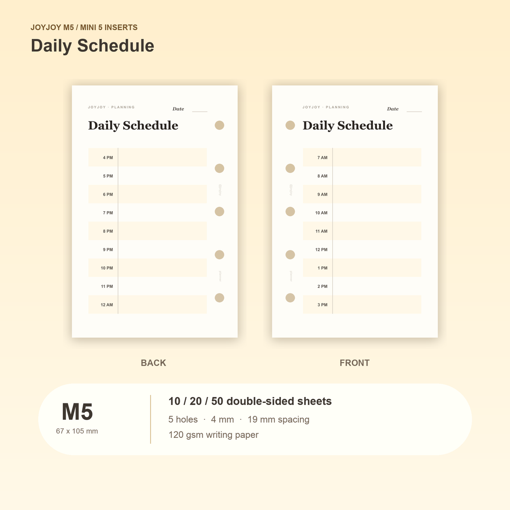 Daily Schedule M5 Mini 5 planner inserts, front and back, with size and pack information