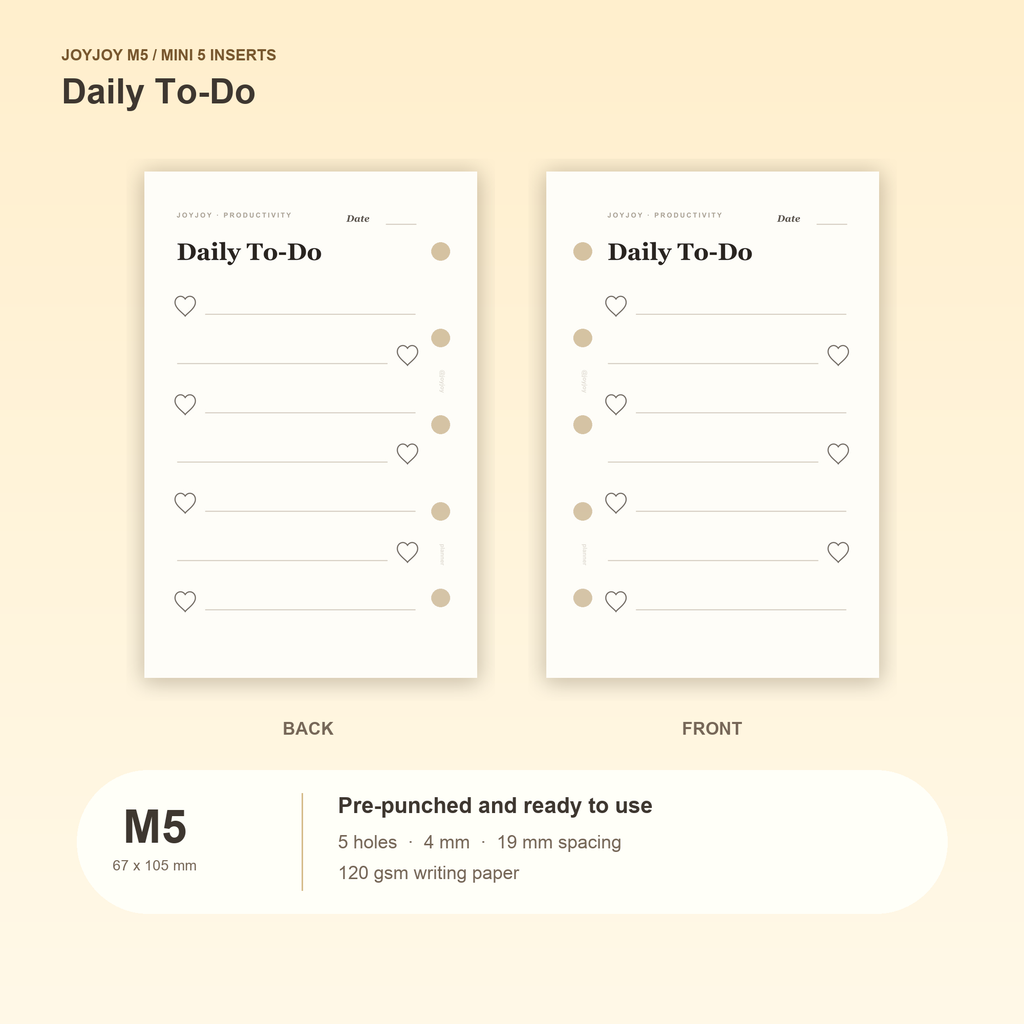 Daily To-Do M5 Mini 5 planner inserts with size, hole spacing and paper information