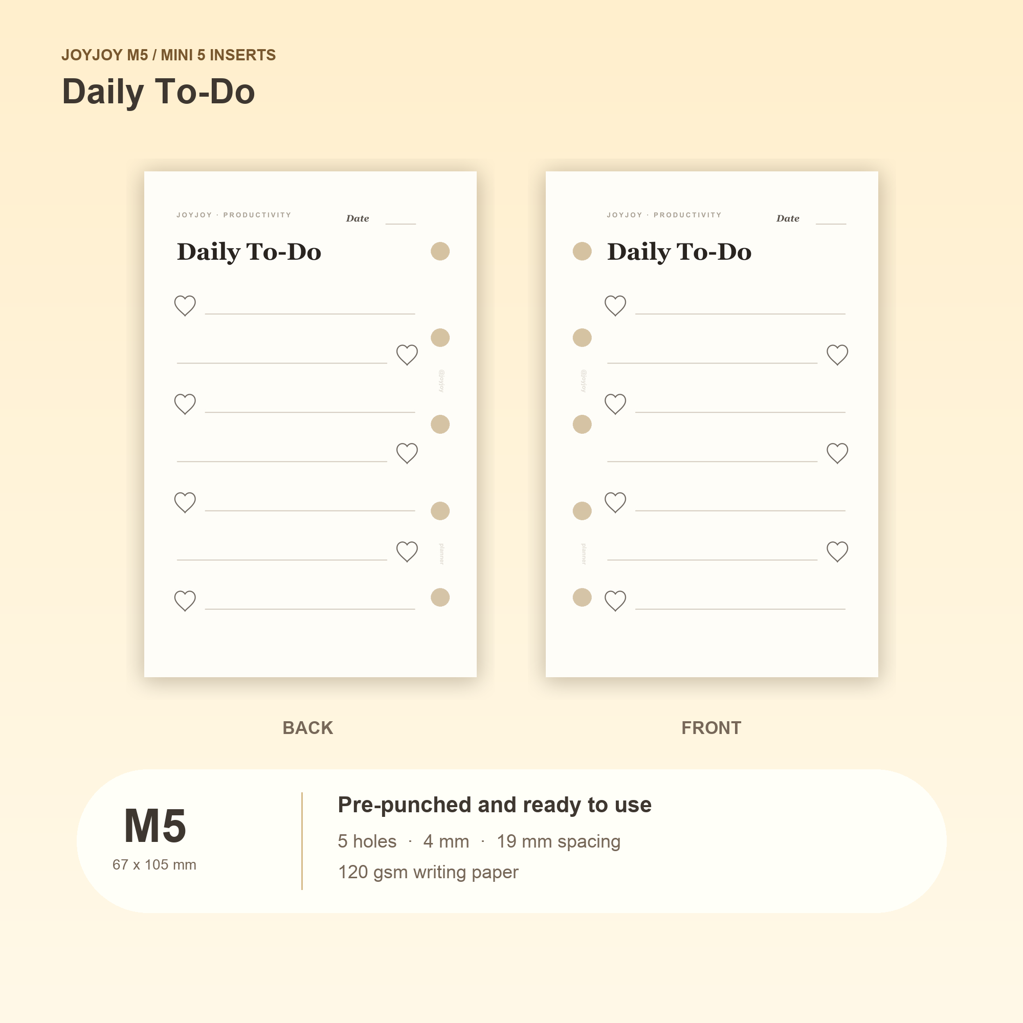 Daily To-Do M5 Mini 5 planner inserts with size, hole spacing and paper information