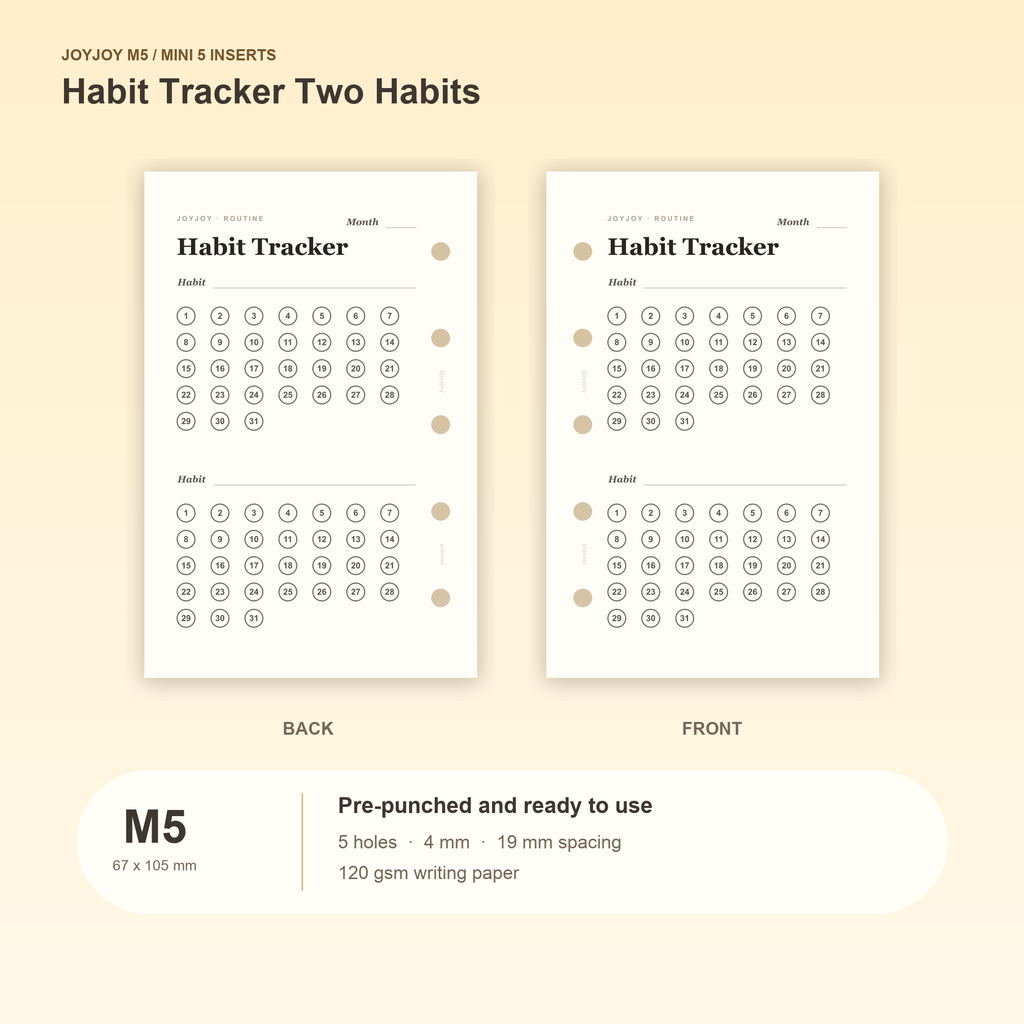 Habit Tracker Two Habits M5 Mini 5 planner inserts with size, hole spacing and paper information