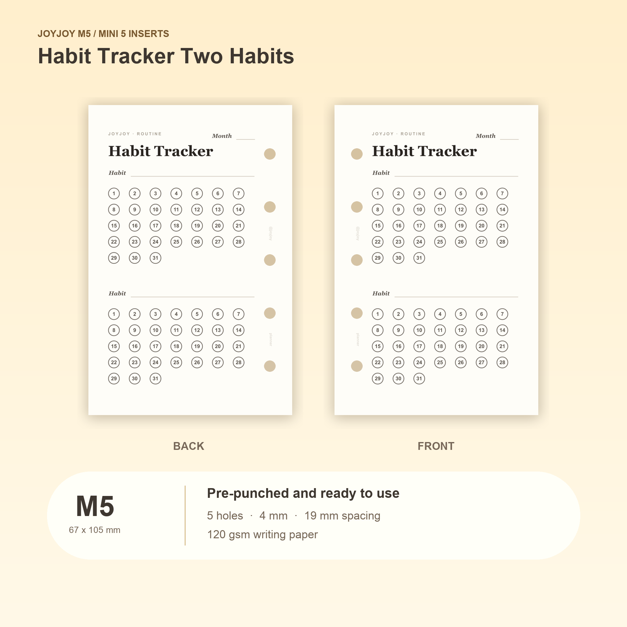Habit Tracker Two Habits M5 Mini 5 planner inserts with size, hole spacing and paper information