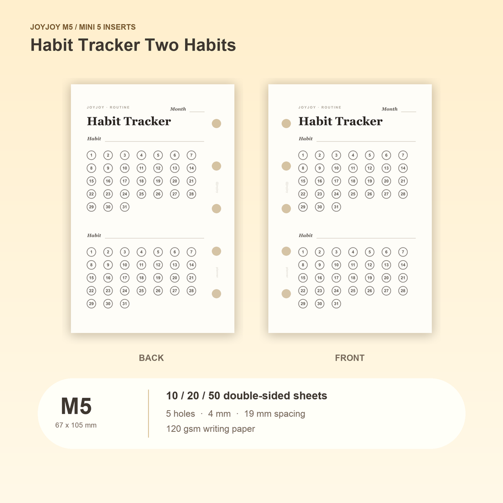Habit Tracker Two Habits M5 Mini 5 planner inserts, front and back, with size and pack information