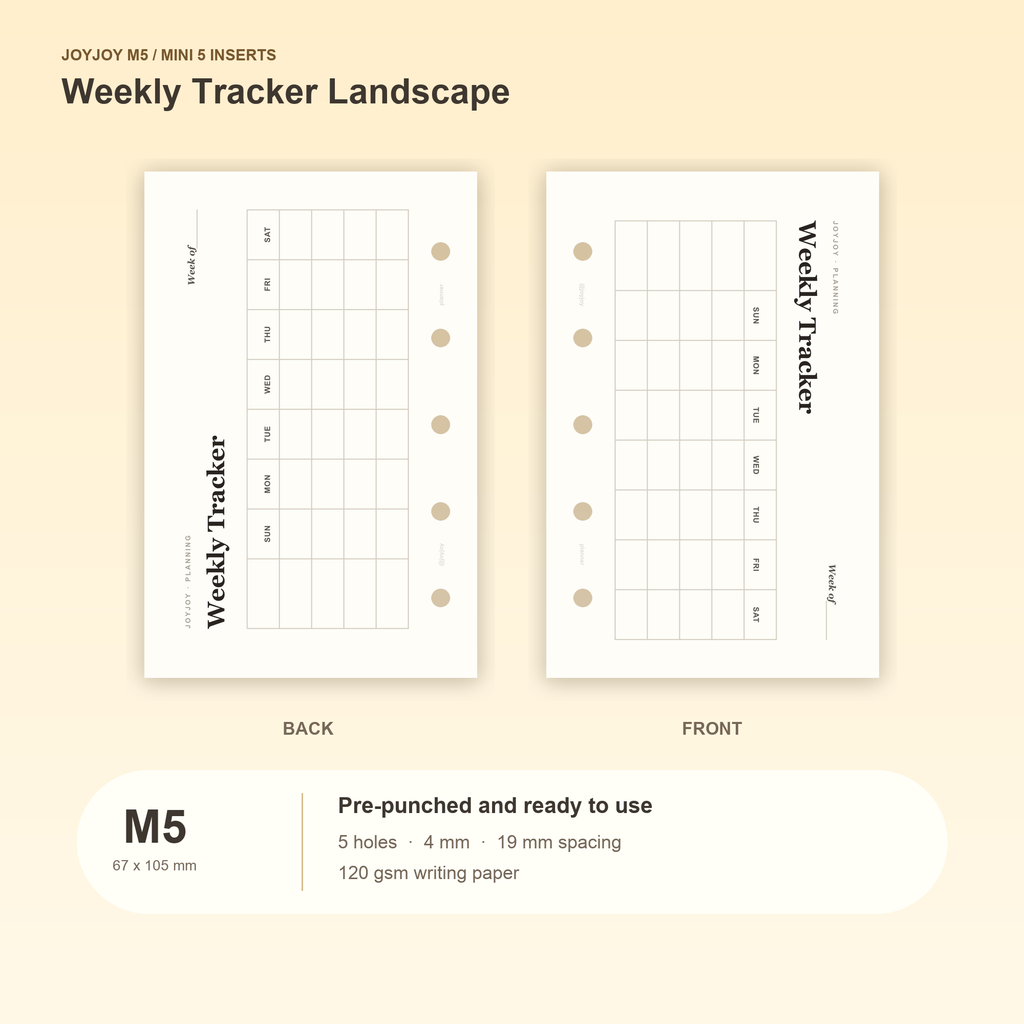 Weekly Tracker Landscape M5 Mini 5 planner inserts with size, hole spacing and paper information