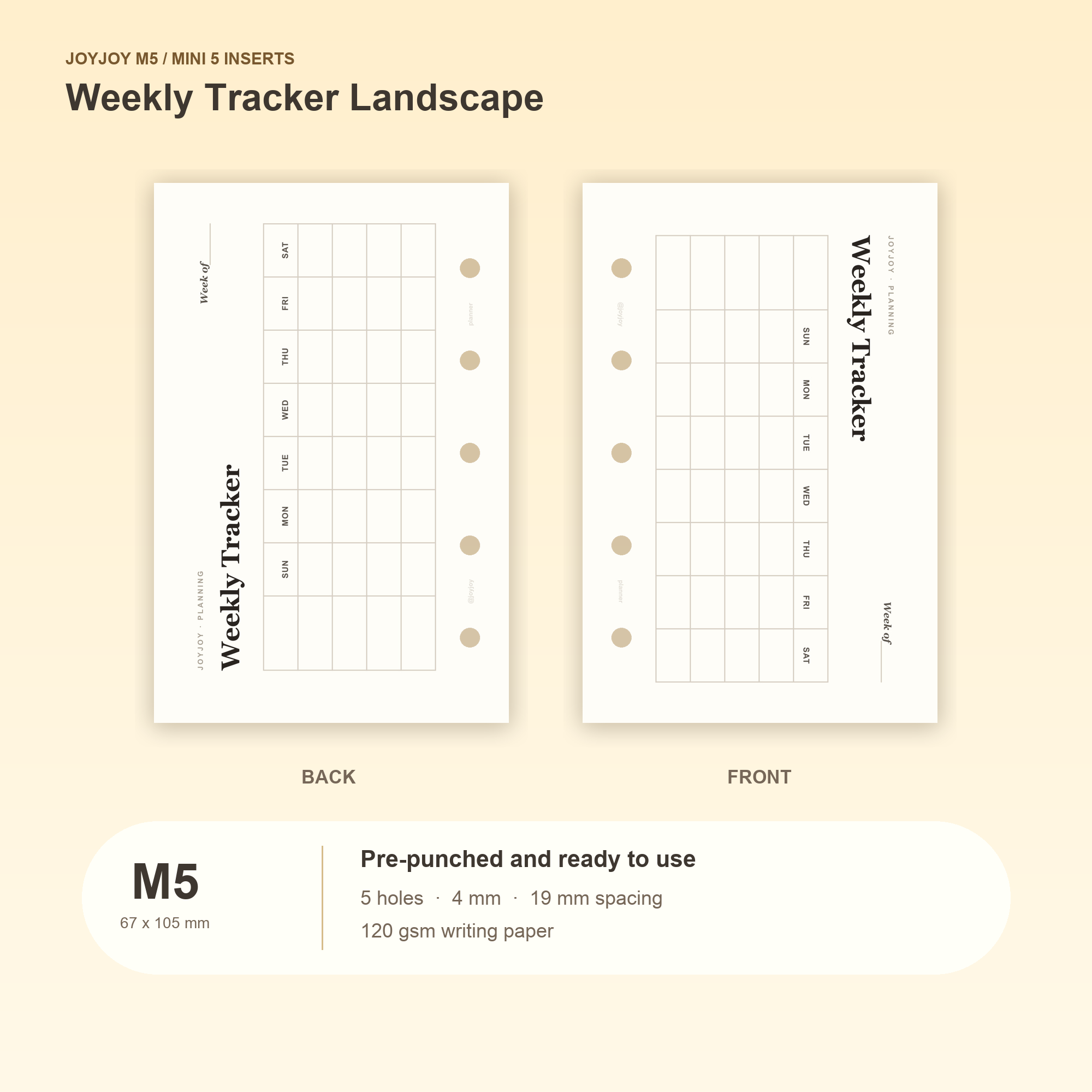 Weekly Tracker Landscape M5 Mini 5 planner inserts with size, hole spacing and paper information