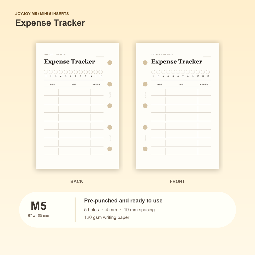 Expense Tracker M5 Mini 5 planner inserts with size, hole spacing and paper information