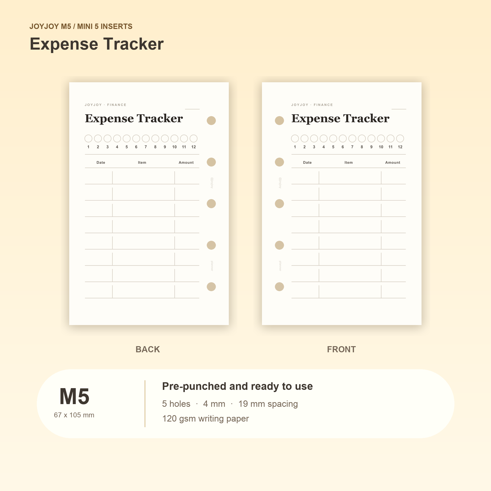 Expense Tracker M5 Mini 5 planner inserts with size, hole spacing and paper information