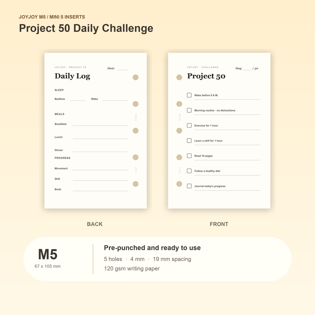 Project 50 Daily Challenge M5 Mini 5 planner inserts with size, hole spacing and paper information