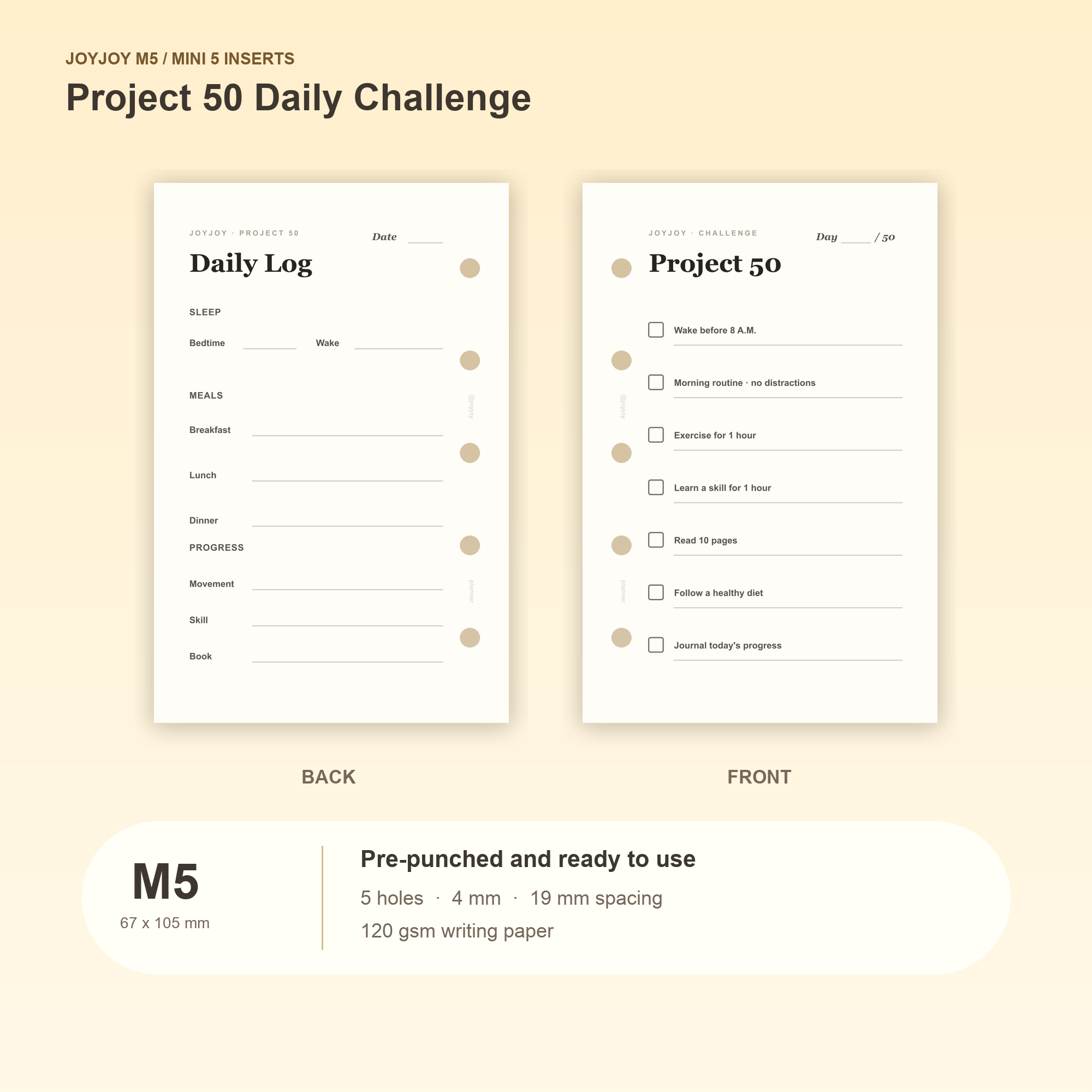 Project 50 Daily Challenge M5 Mini 5 planner inserts with size, hole spacing and paper information