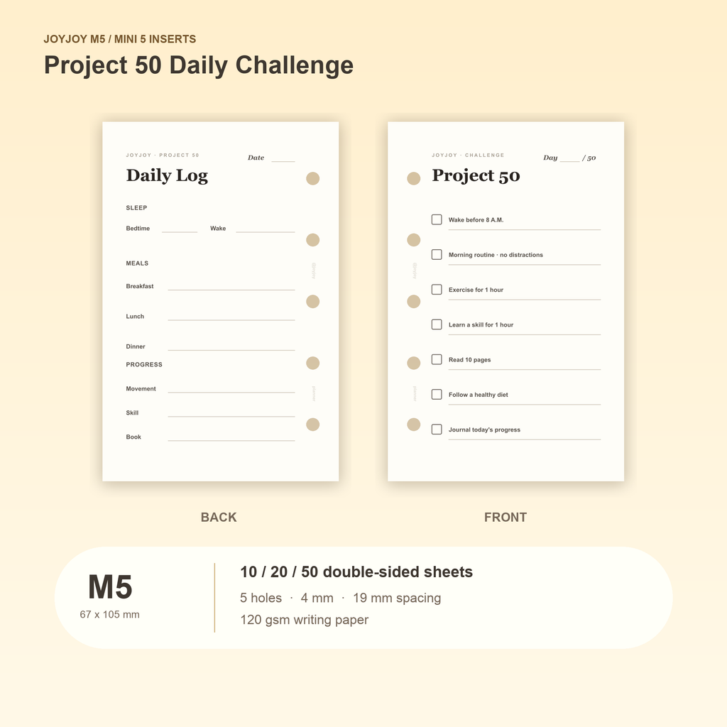 Project 50 Daily Challenge M5 Mini 5 planner inserts, front and back, with size and pack information