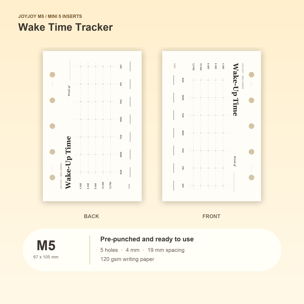 Wake Time Tracker M5 Mini 5 planner inserts with size, hole spacing and paper information