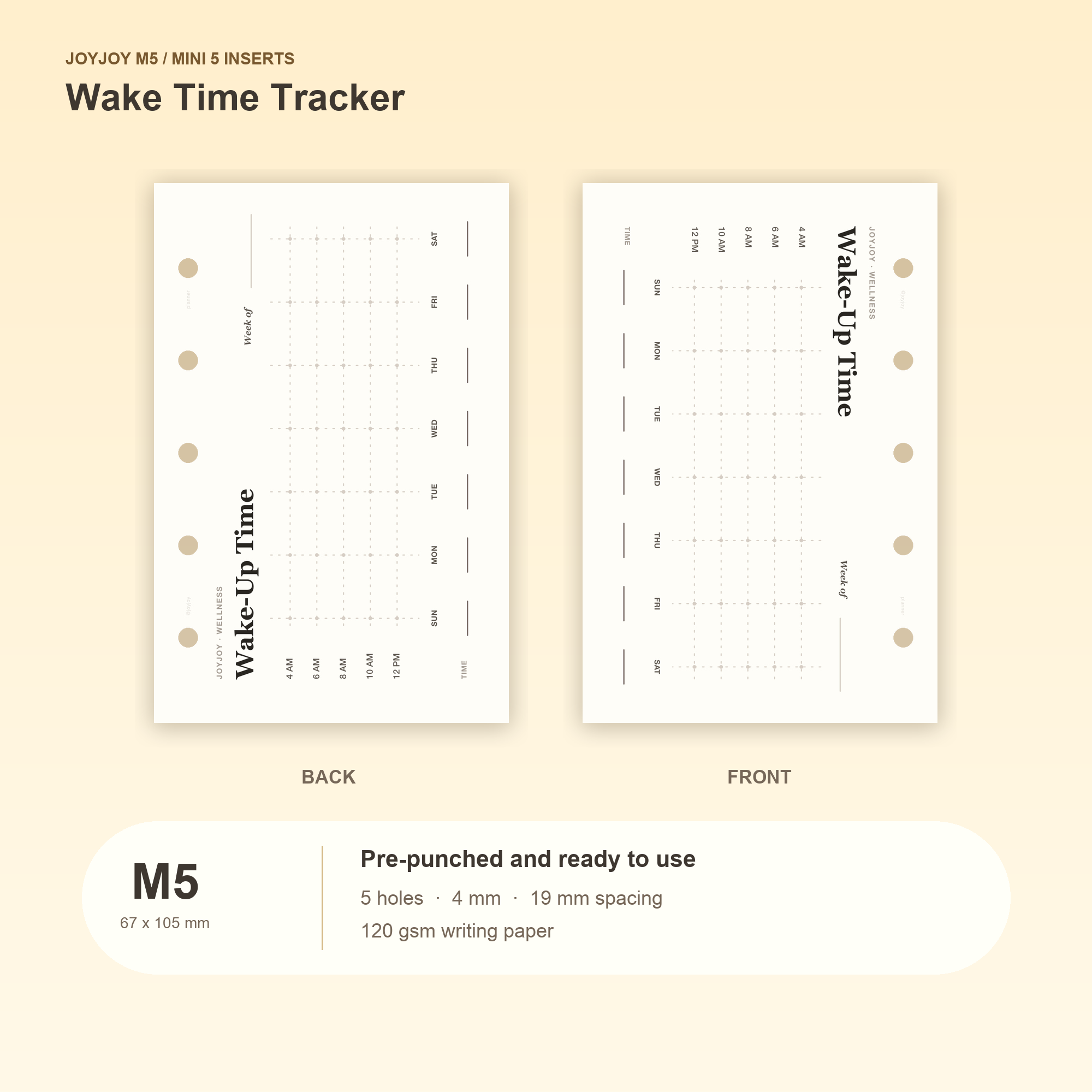 Wake Time Tracker M5 Mini 5 planner inserts with size, hole spacing and paper information