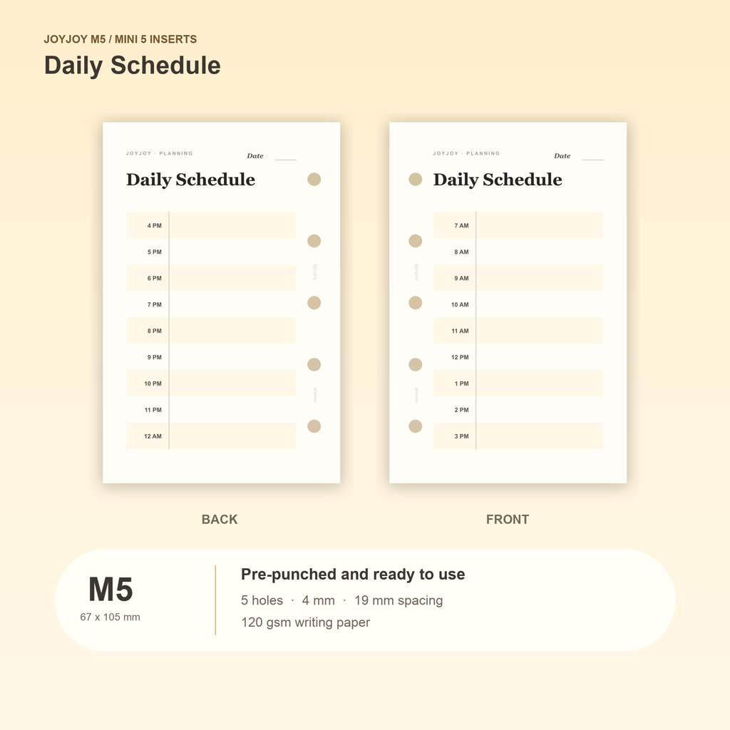 Daily Schedule M5 Mini 5 planner inserts with size, hole spacing and paper information
