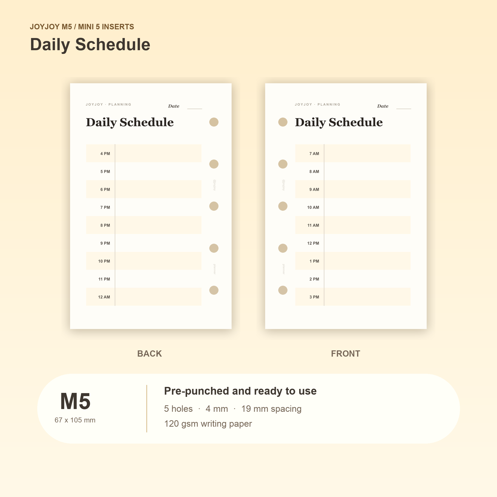 Daily Schedule M5 Mini 5 planner inserts with size, hole spacing and paper information