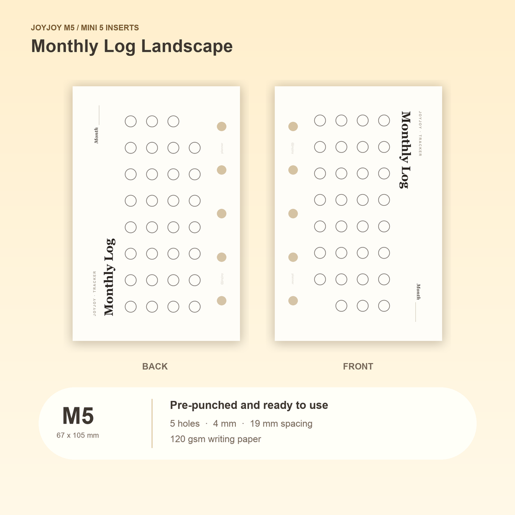 Monthly Log Landscape M5 Mini 5 planner inserts with size, hole spacing and paper information