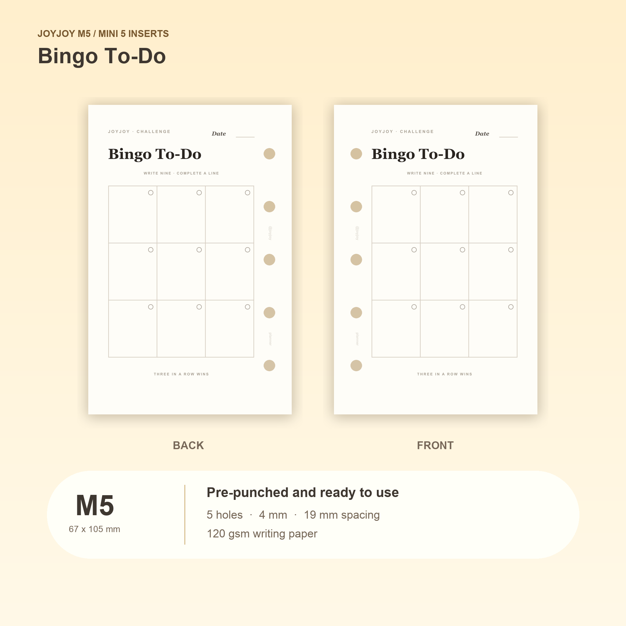 Bingo To-Do M5 Mini 5 planner inserts with size, hole spacing and paper information