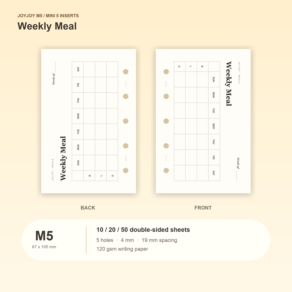 Weekly Meal M5 Mini 5 planner inserts, front and back, with size and pack information