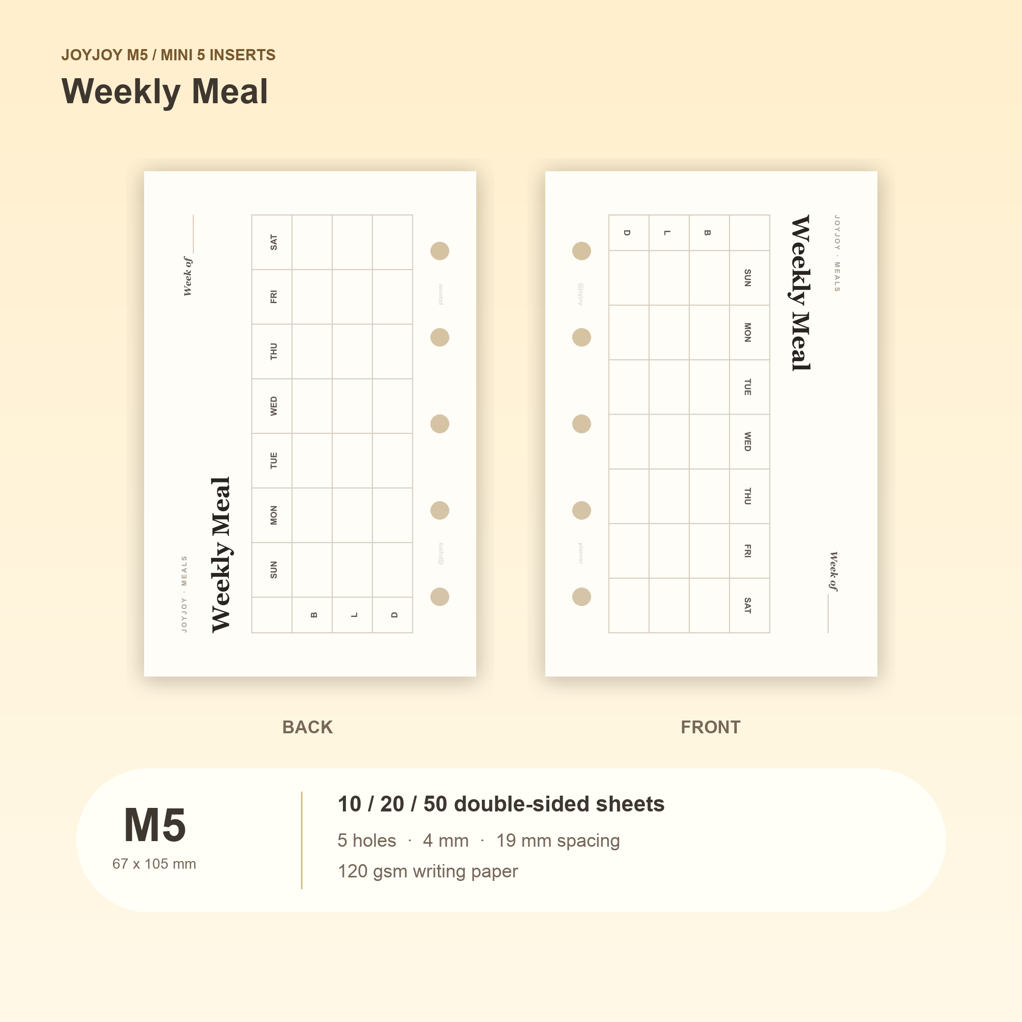 Weekly Meal M5 Mini 5 planner inserts, front and back, with size and pack information