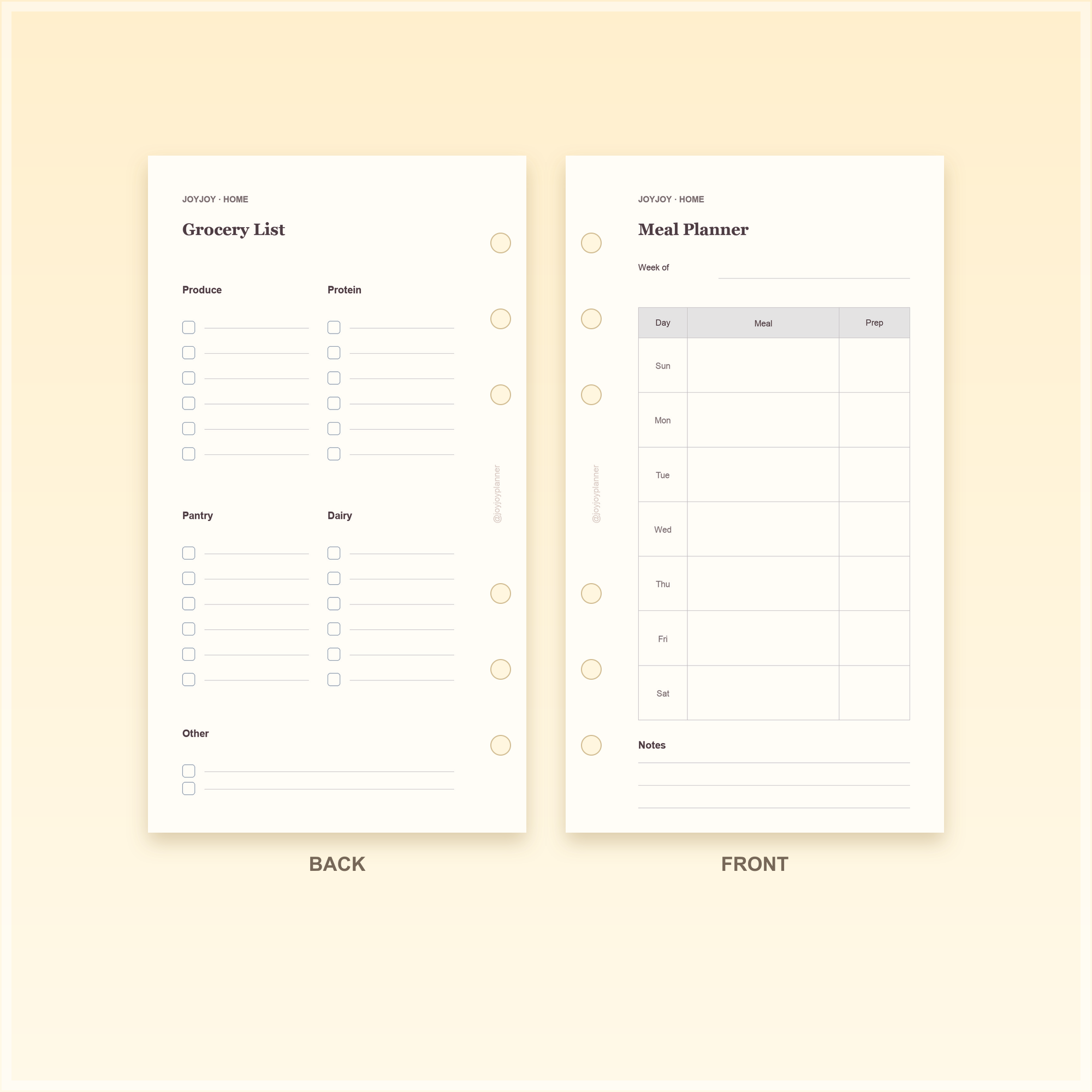 Meal Planner A6 Personal planner insert front and back design preview