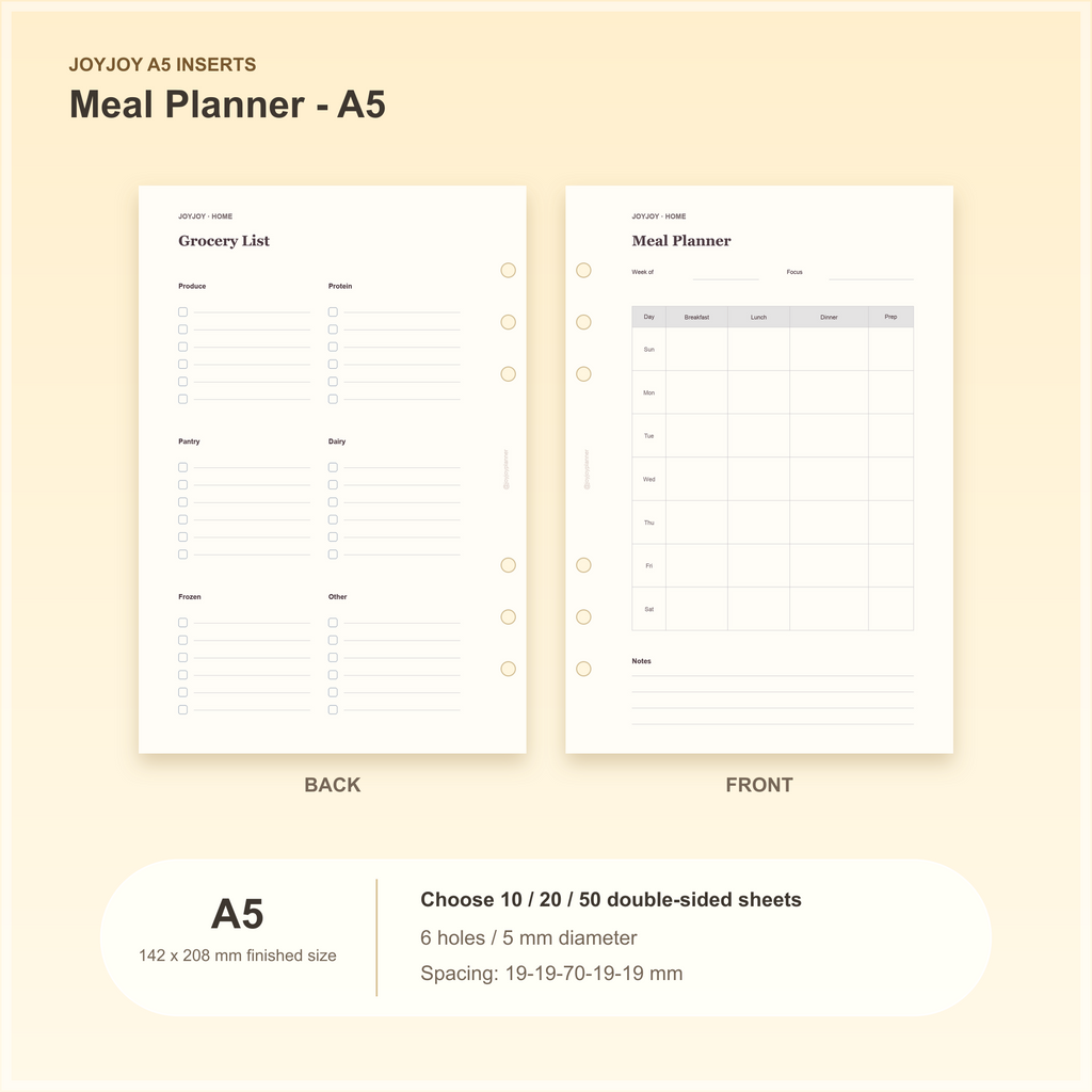Meal Planner A5 planner insert with finished size and hole spacing information