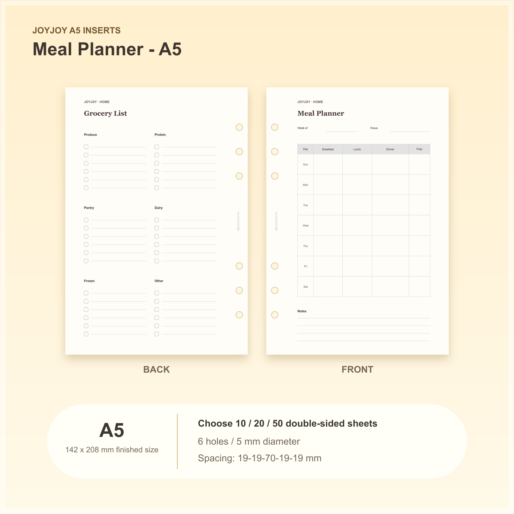 Meal Planner A5 planner insert with finished size and hole spacing information