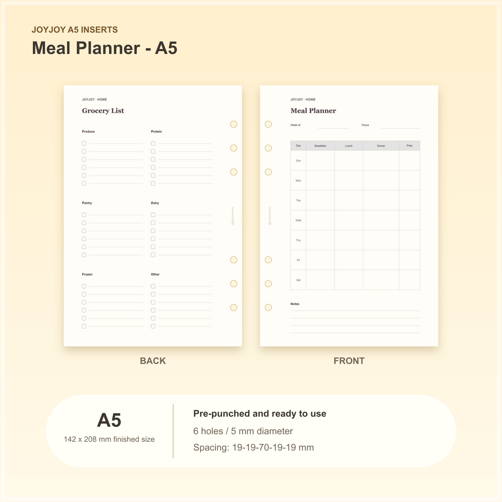 Meal Planner A5 planner insert with finished size and hole spacing information